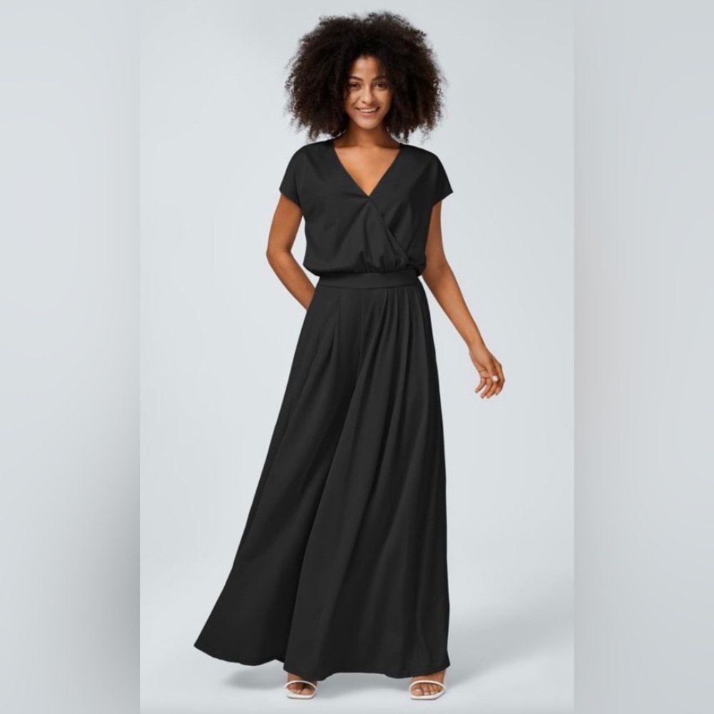 Halara Wide Leg Flowy Black Waffle Knit Casual Jumpsuit